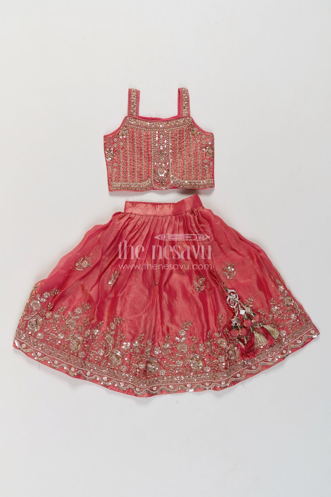 Girls Rose Pink Viscose Chinnon Silk Linear Embroidered Strap Lehenga Choli