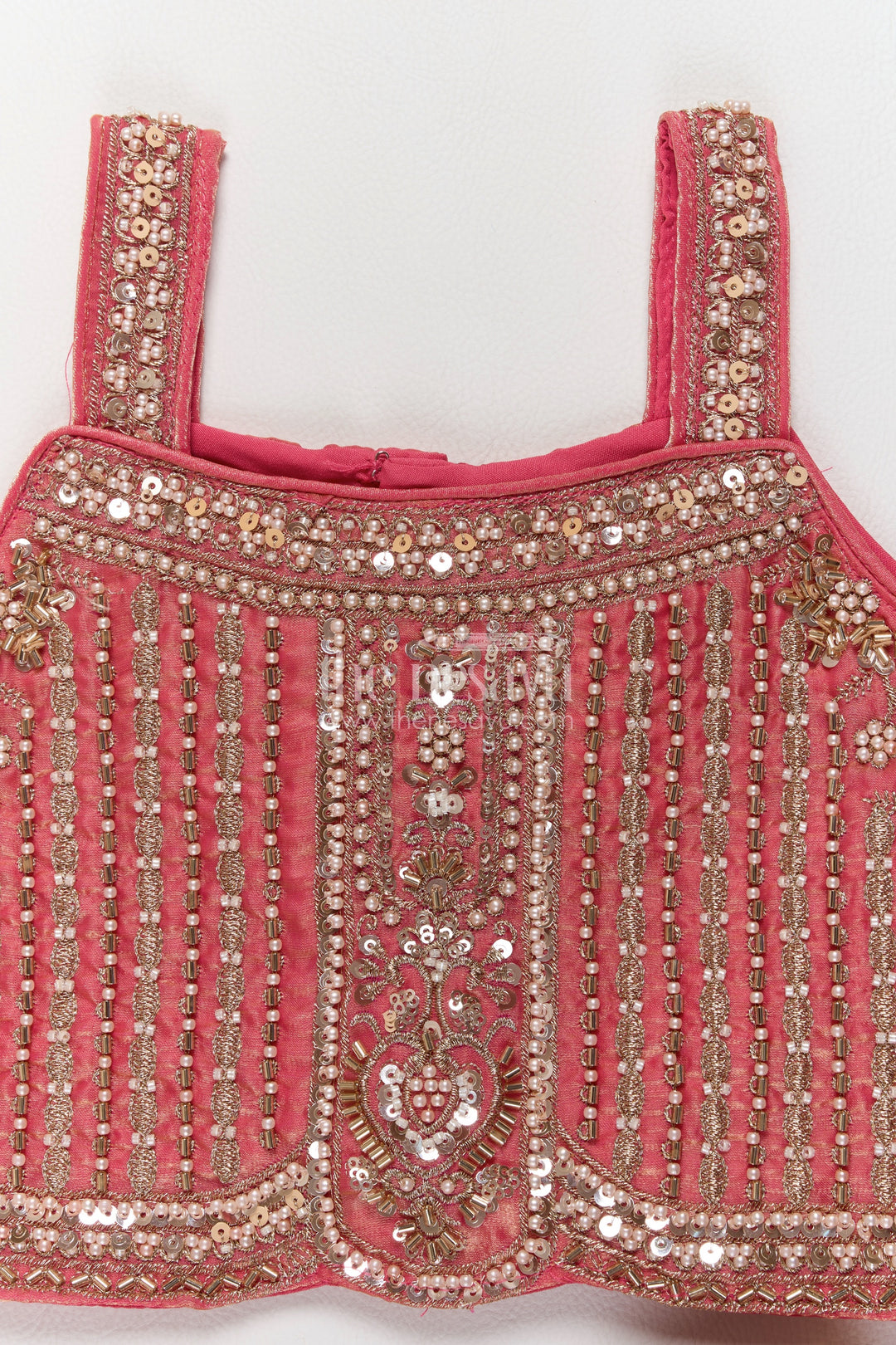 Girls Rose Pink Viscose Chinnon Silk Linear Embroidered Strap Lehenga Choli