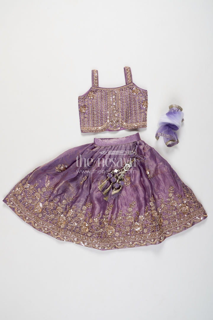 Girls Lavender Botanical Border Strap Viscose Chinnon Silk Lehenga Choli