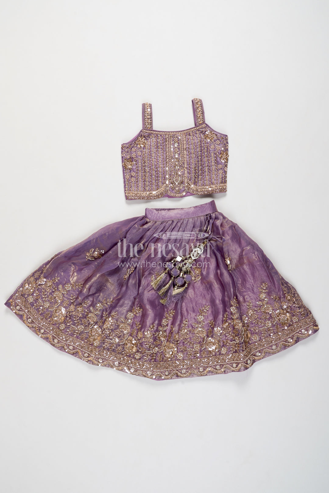 Girls Lavender Botanical Border Strap Viscose Chinnon Silk Lehenga Choli