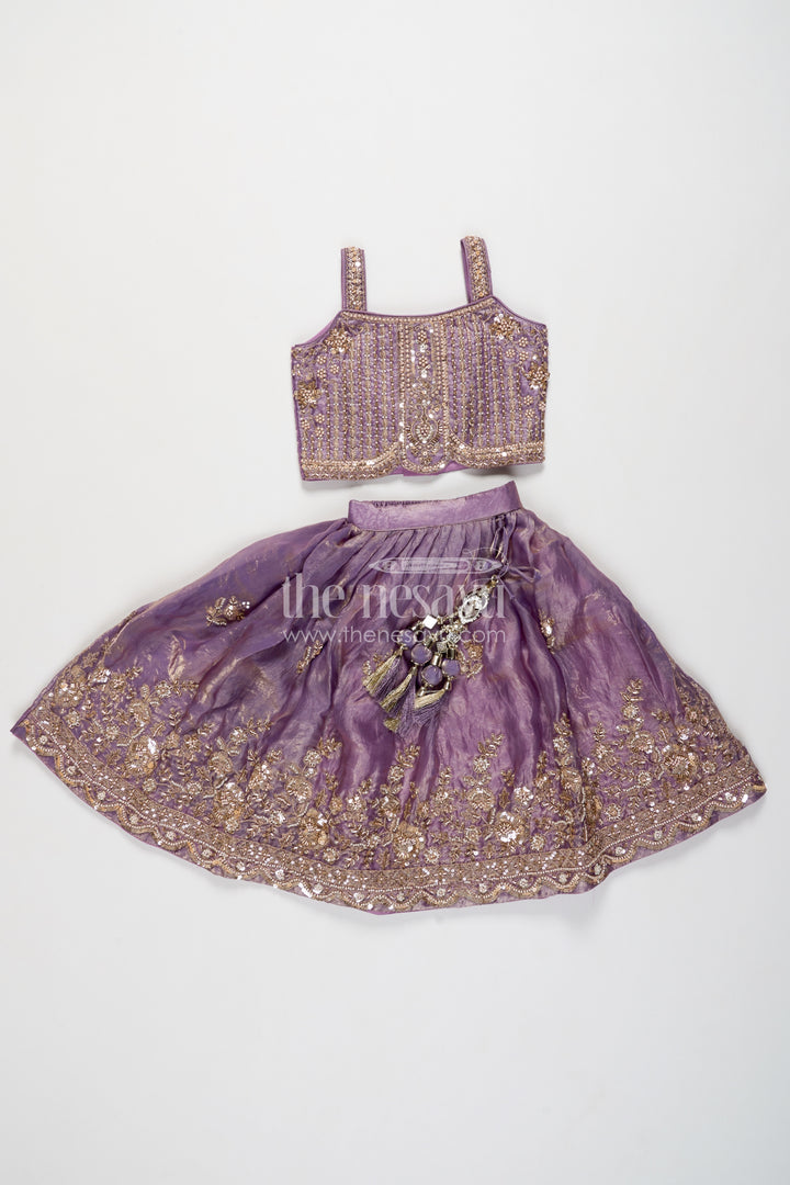 Girls Lavender Botanical Border Strap Viscose Chinnon Silk Lehenga Choli