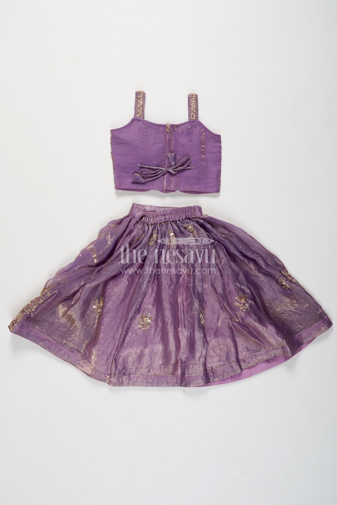 Girls Lavender Botanical Border Strap Viscose Chinnon Silk Lehenga Choli