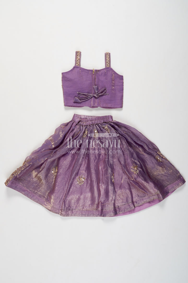 Girls Lavender Botanical Border Strap Viscose Chinnon Silk Lehenga Choli