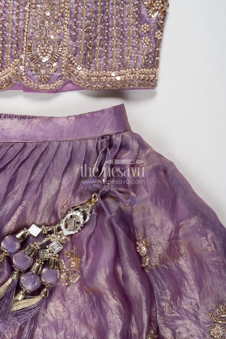 Girls Lavender Botanical Border Strap Viscose Chinnon Silk Lehenga Choli