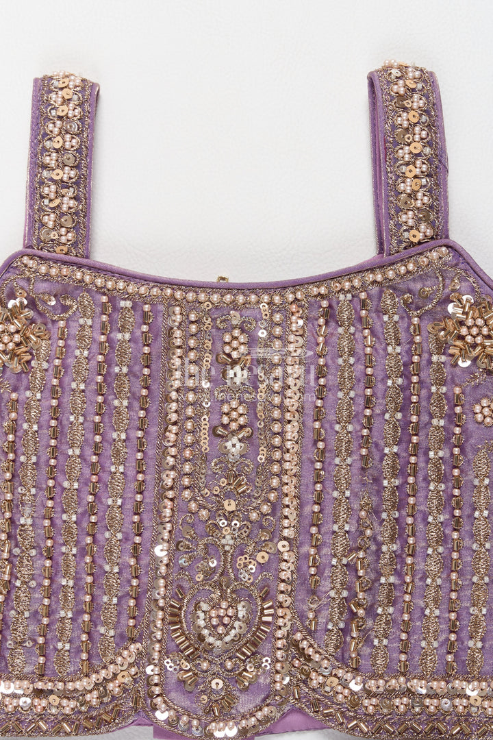 Girls Lavender Botanical Border Strap Viscose Chinnon Silk Lehenga Choli