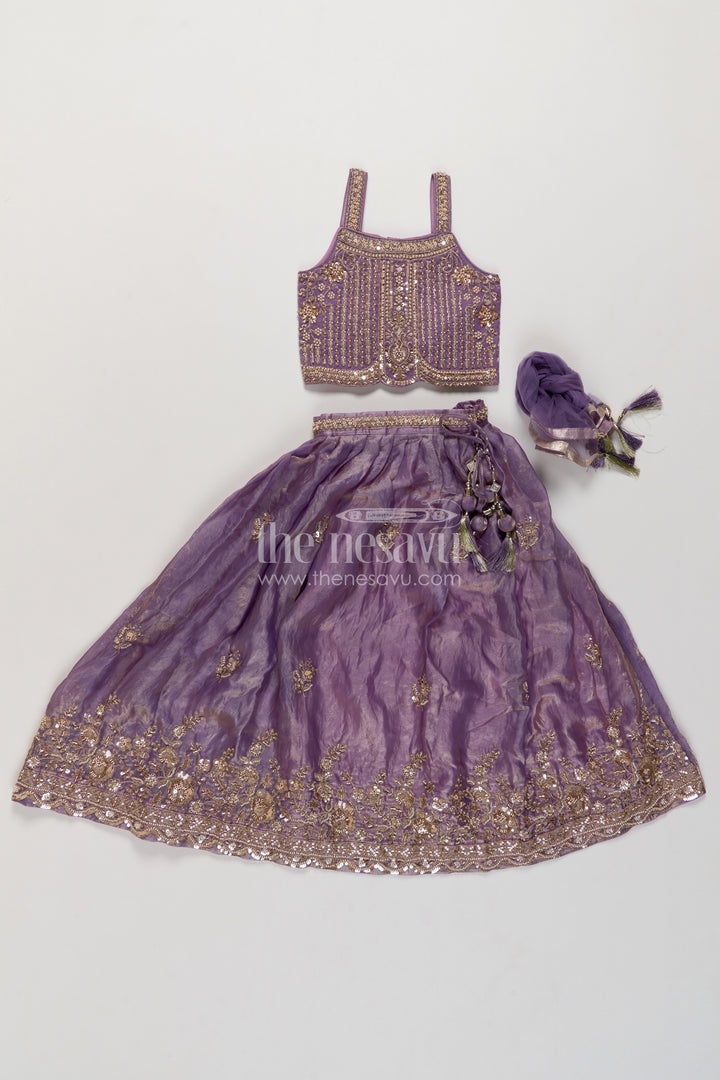 Girls Viscose Chinnon Silk Lehenga Choli in Purple with Floral Border