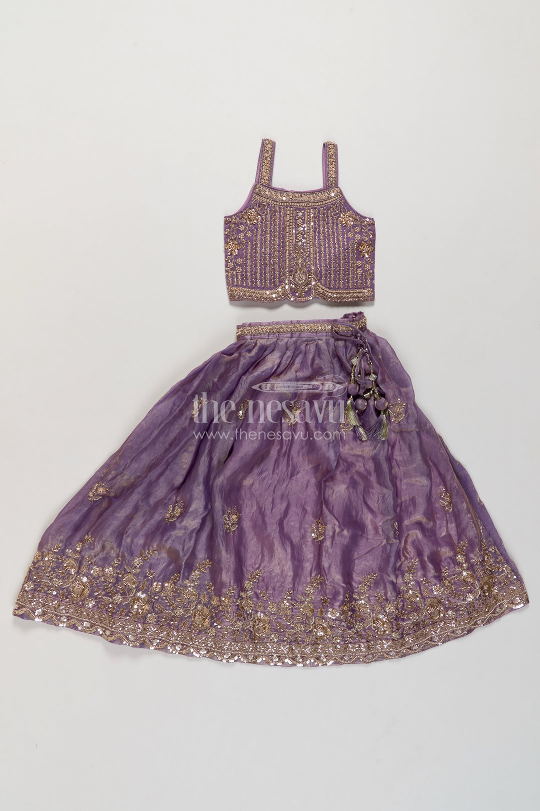 Girls Viscose Chinnon Silk Lehenga Choli in Purple with Floral Border