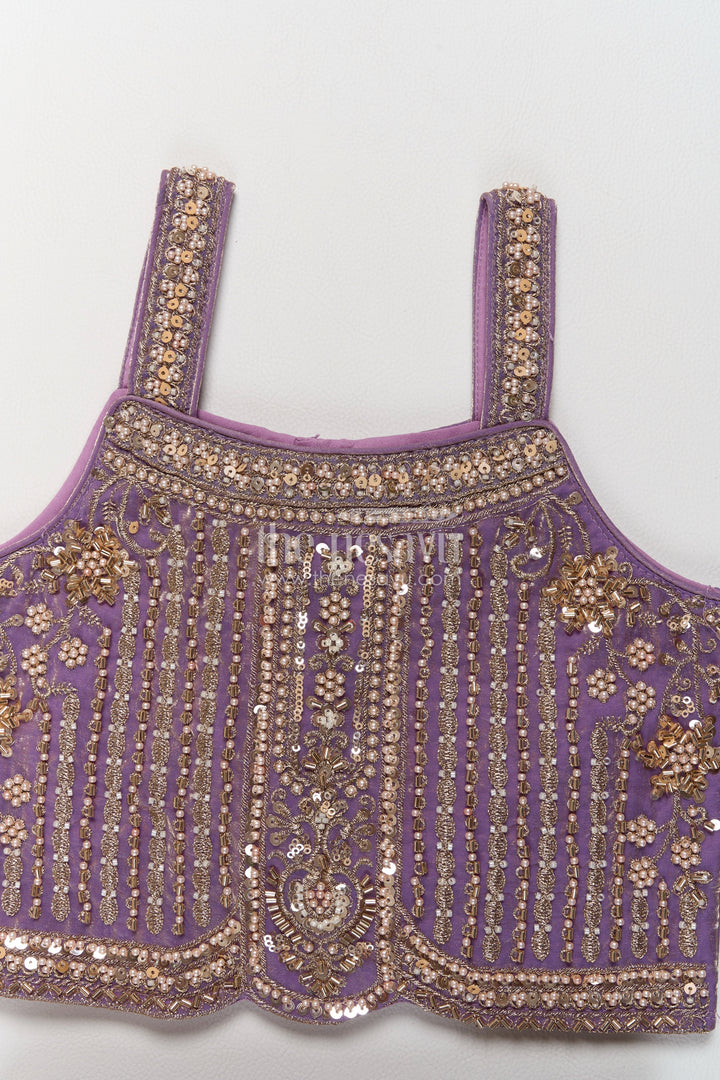 Girls Viscose Chinnon Silk Lehenga Choli in Purple with Floral Border