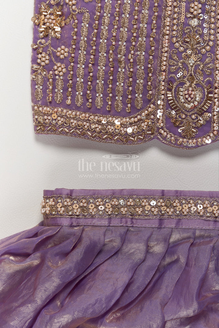 Girls Viscose Chinnon Silk Lehenga Choli in Purple with Floral Border