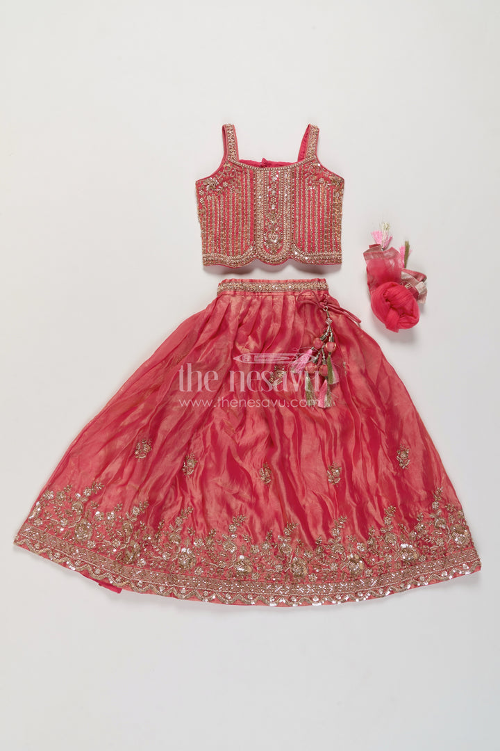 Girls Raspberry Pink Viscose Chinnon Silk Silver Vine Border Lehenga Choli