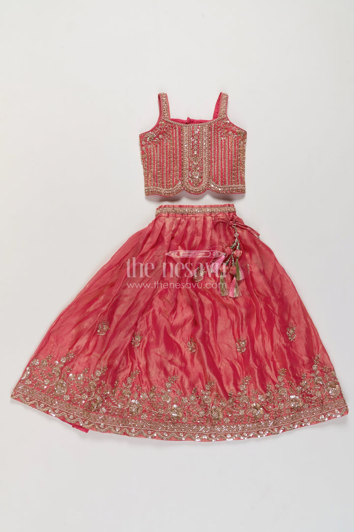 Girls Raspberry Pink Viscose Chinnon Silk Silver Vine Border Lehenga Choli