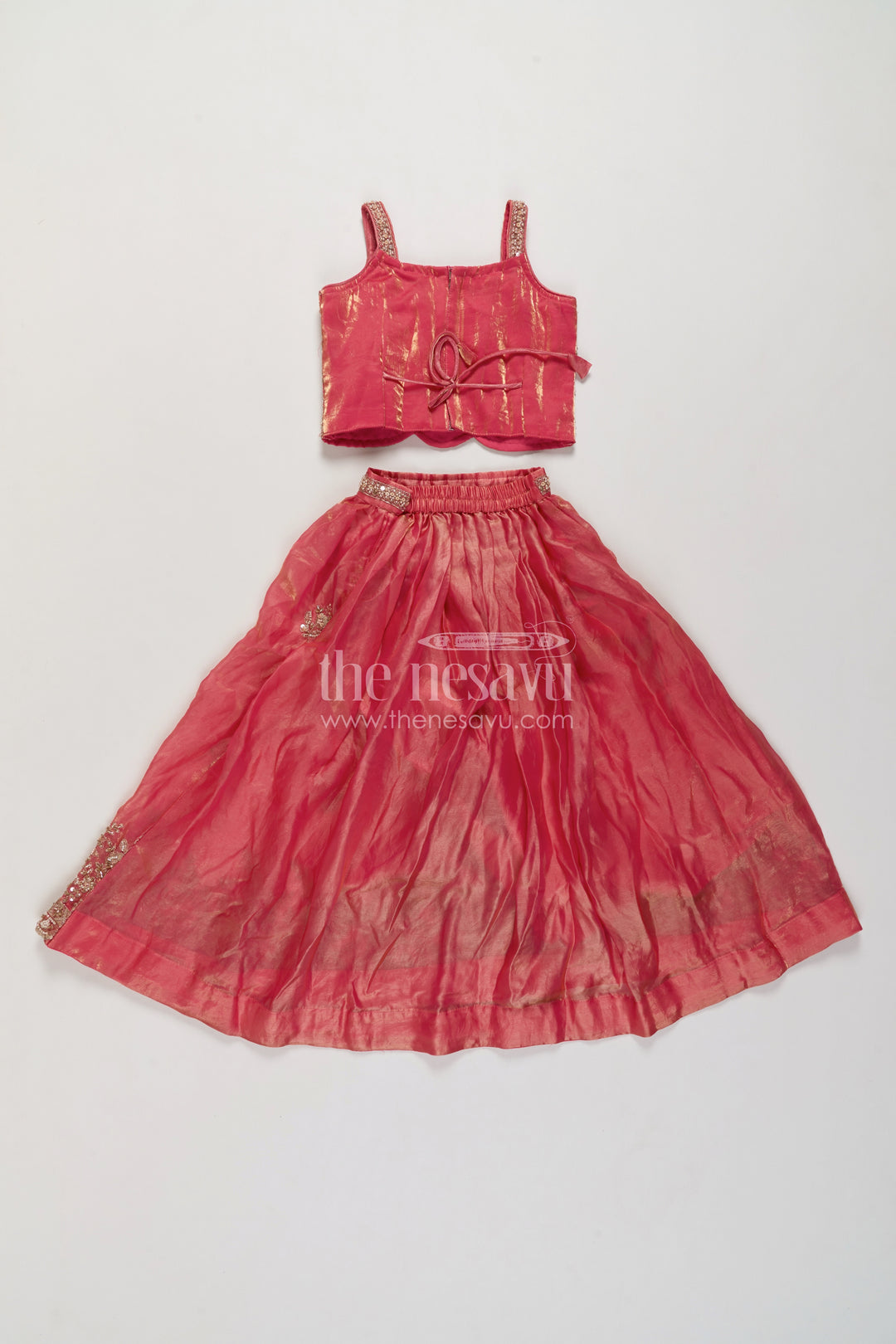 Girls Raspberry Pink Viscose Chinnon Silk Silver Vine Border Lehenga Choli