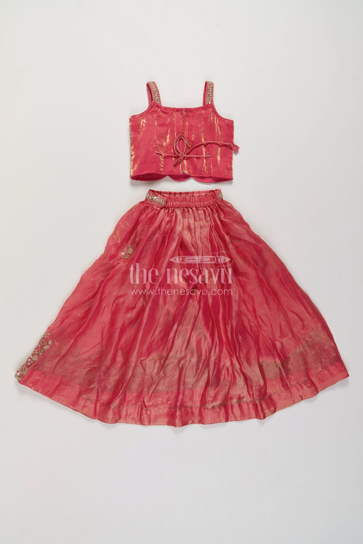 Girls Raspberry Pink Viscose Chinnon Silk Silver Vine Border Lehenga Choli