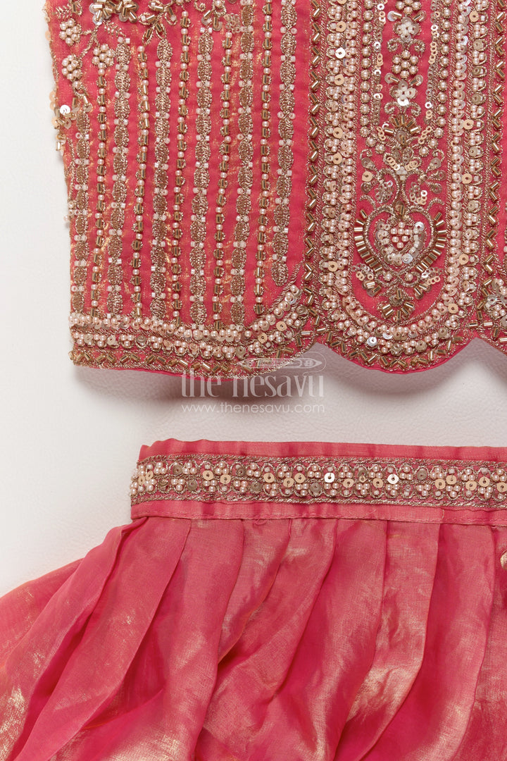 Girls Raspberry Pink Viscose Chinnon Silk Silver Vine Border Lehenga Choli