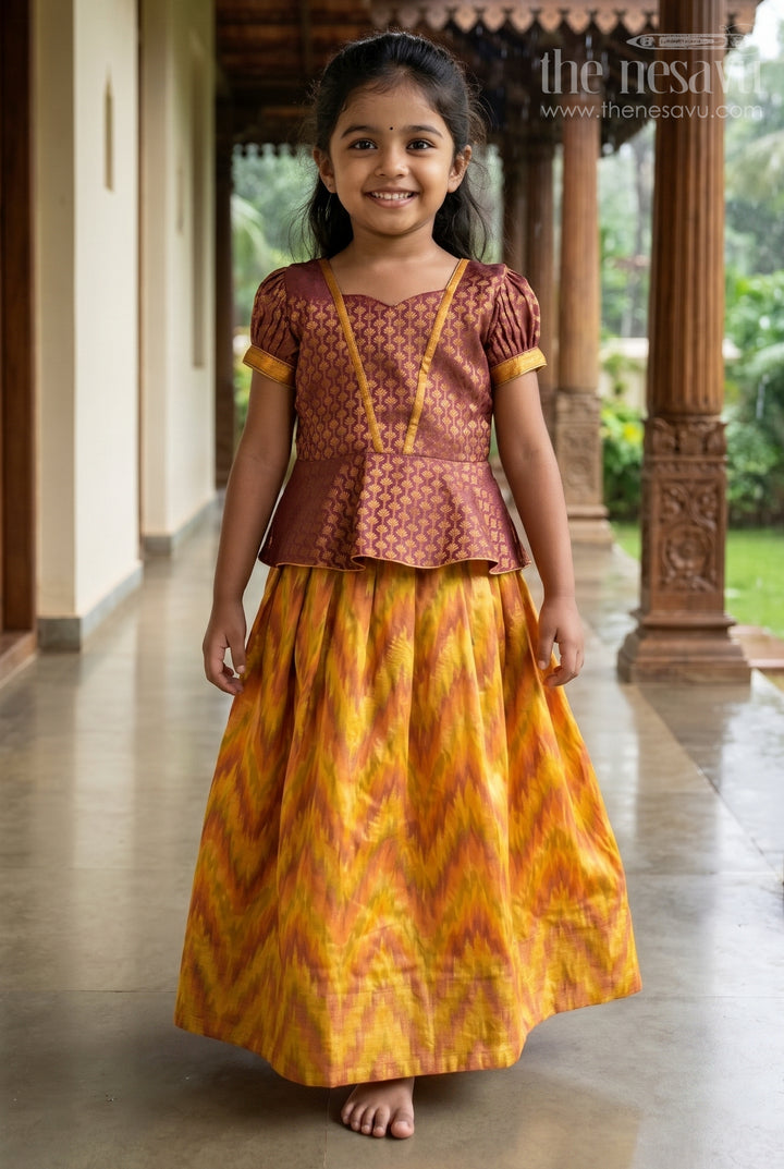 Gorgeous Brown Floral Designed Silk Blouse with Ziz-Zag Pattu Pavadai for Girls