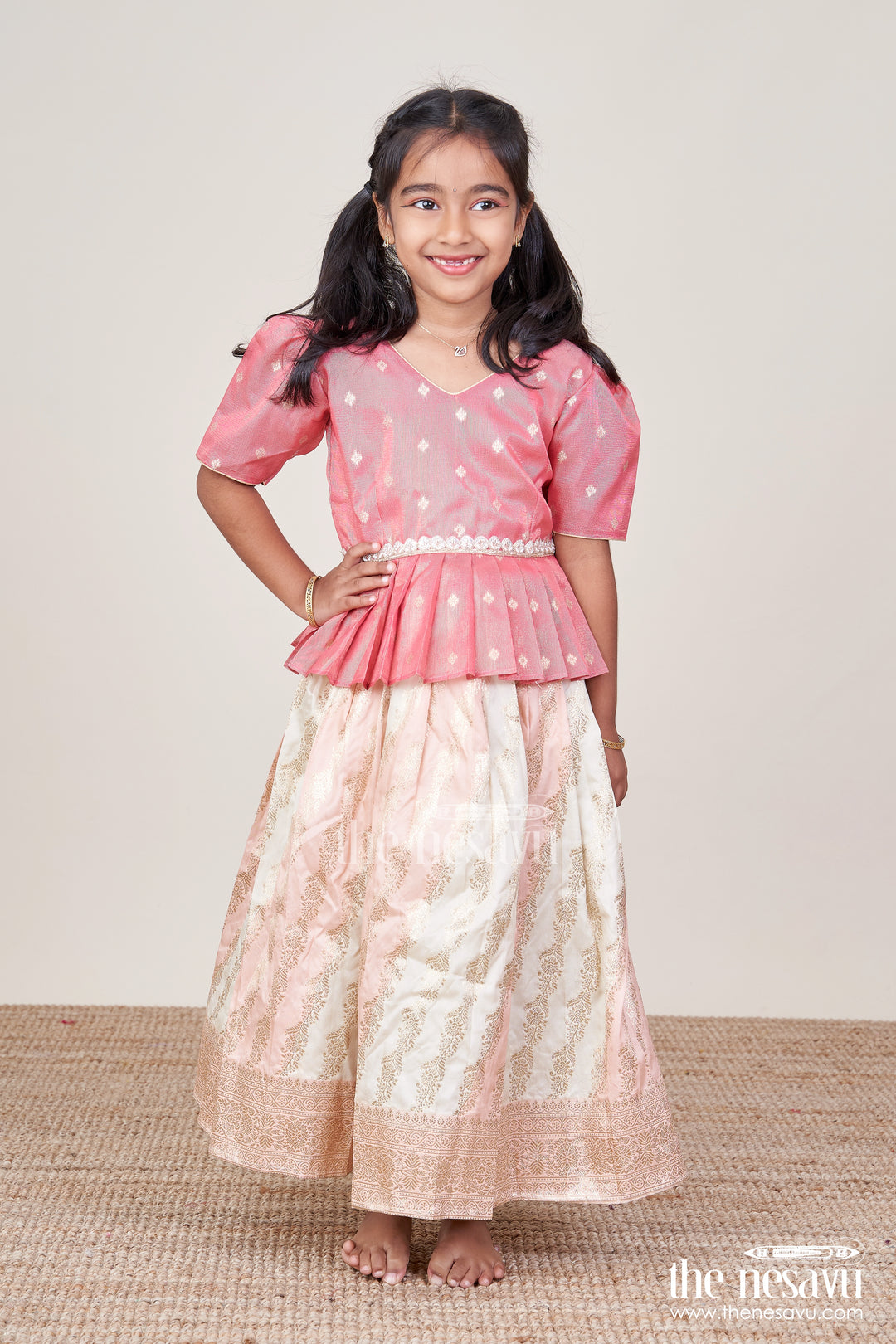 Baby Girl Pattu Pavadai in Peach Silk for Festive Celebrations