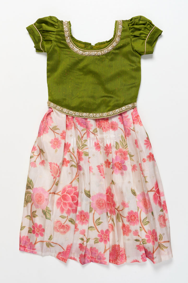 Toddler Girl Pattu Pavadai in Green with Floral Printed Skirt for Festive Wear