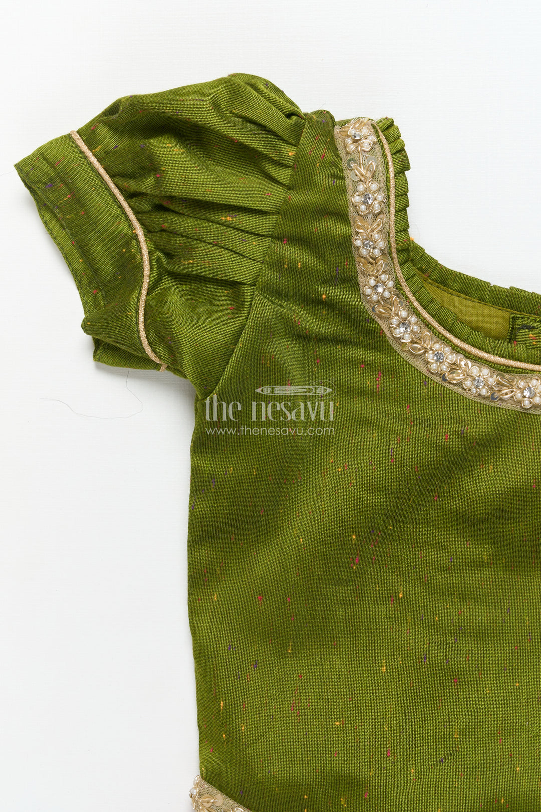 Toddler Girl Pattu Pavadai in Green with Floral Printed Skirt for Festive Wear