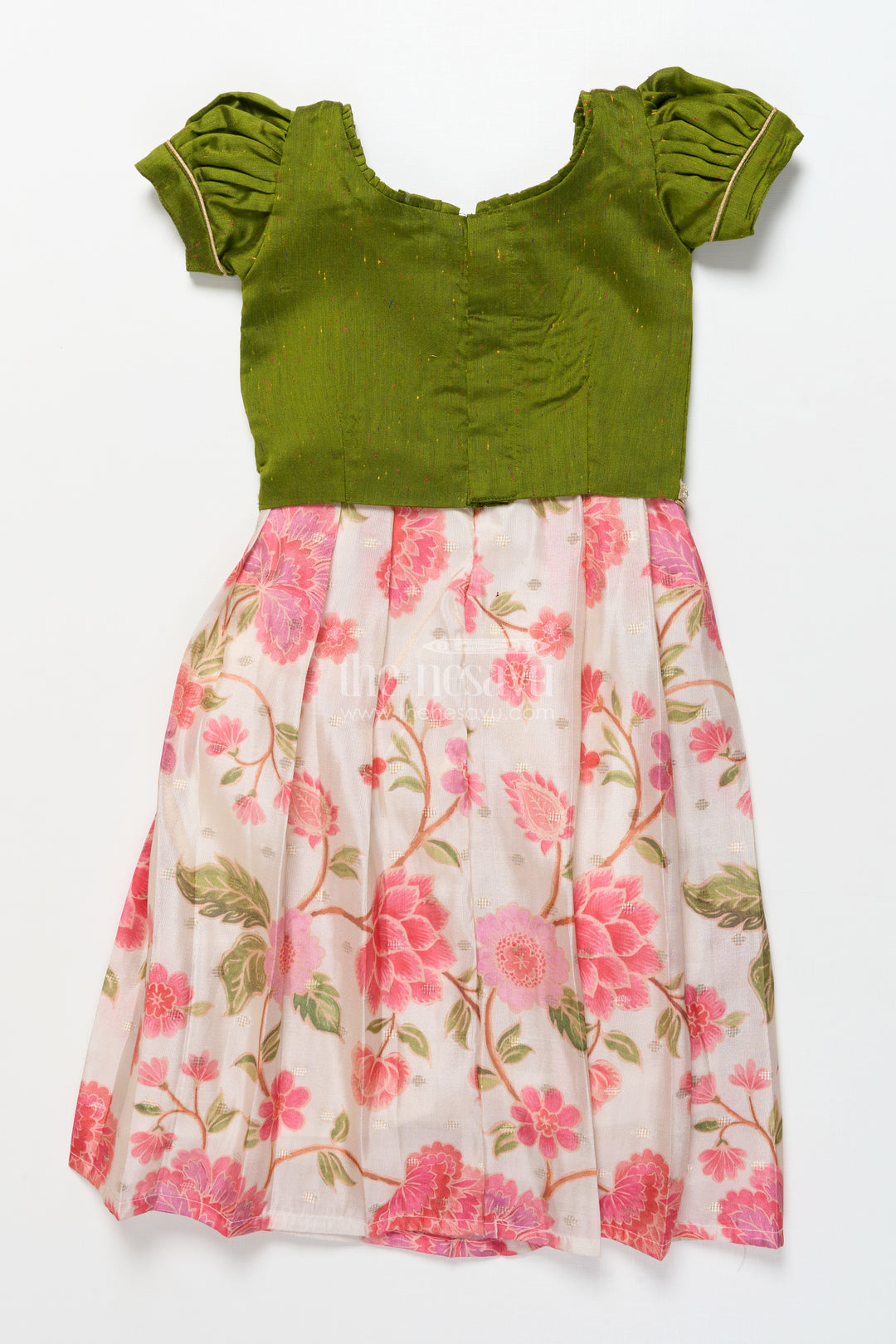 Toddler Girl Pattu Pavadai in Green with Floral Printed Skirt for Festive Wear