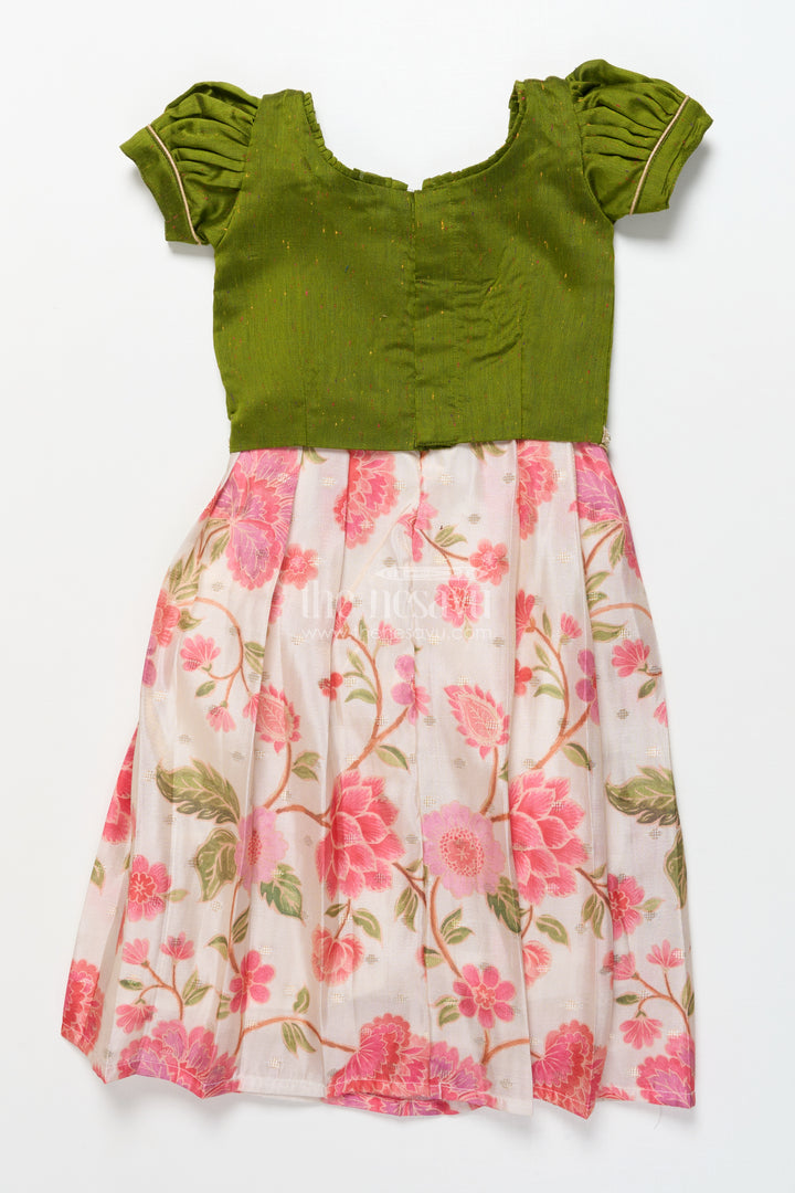 Toddler Girl Pattu Pavadai in Green with Floral Printed Skirt for Festive Wear