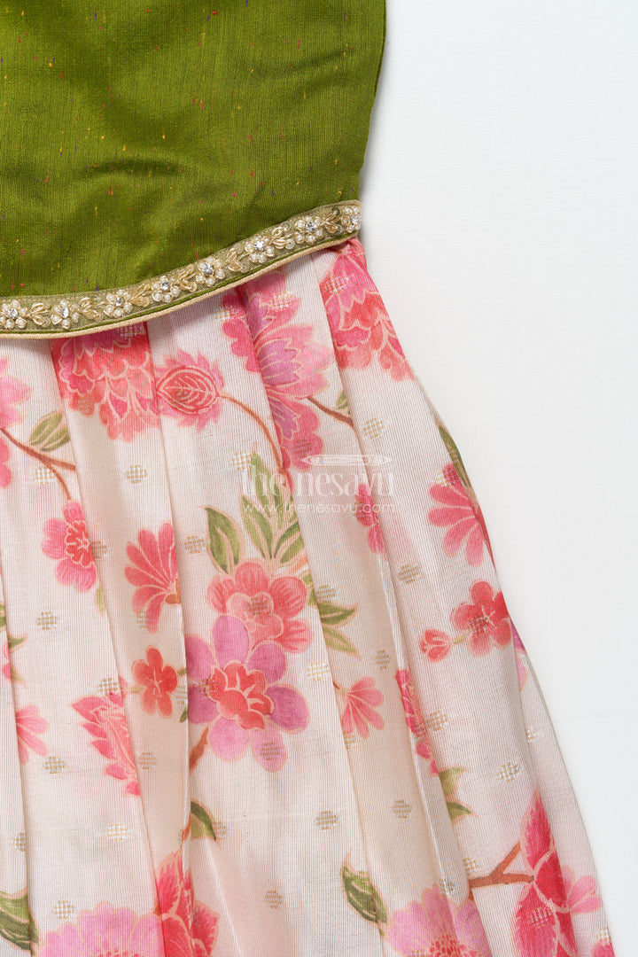 Toddler Girl Pattu Pavadai in Green with Floral Printed Skirt for Festive Wear