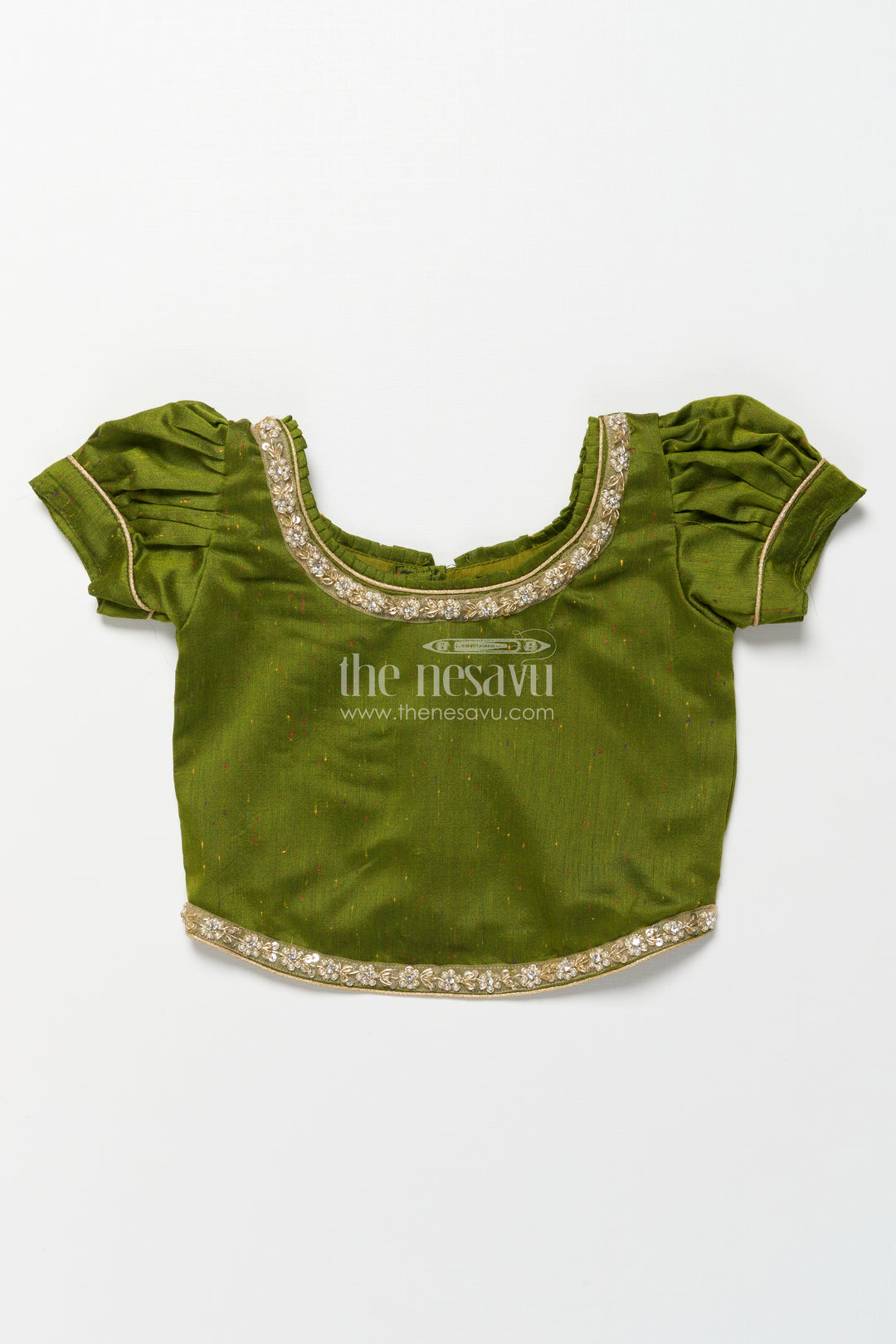 Toddler Girl Pattu Pavadai in Green with Floral Printed Skirt for Festive Wear