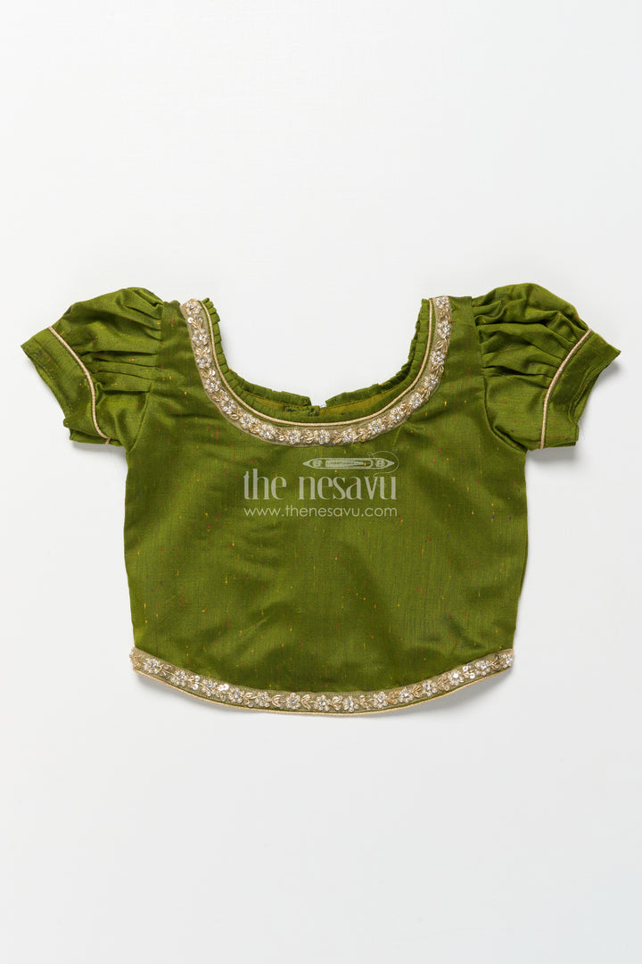 Toddler Girl Pattu Pavadai in Green with Floral Printed Skirt for Festive Wear