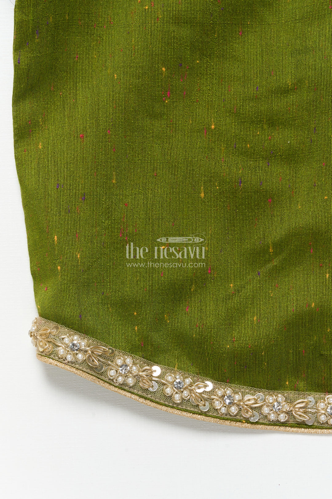 Toddler Girl Pattu Pavadai in Green with Floral Printed Skirt for Festive Wear