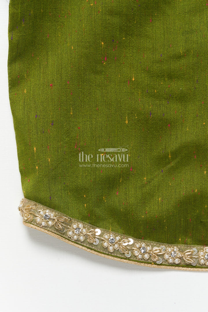 Toddler Girl Pattu Pavadai in Green with Floral Printed Skirt for Festive Wear