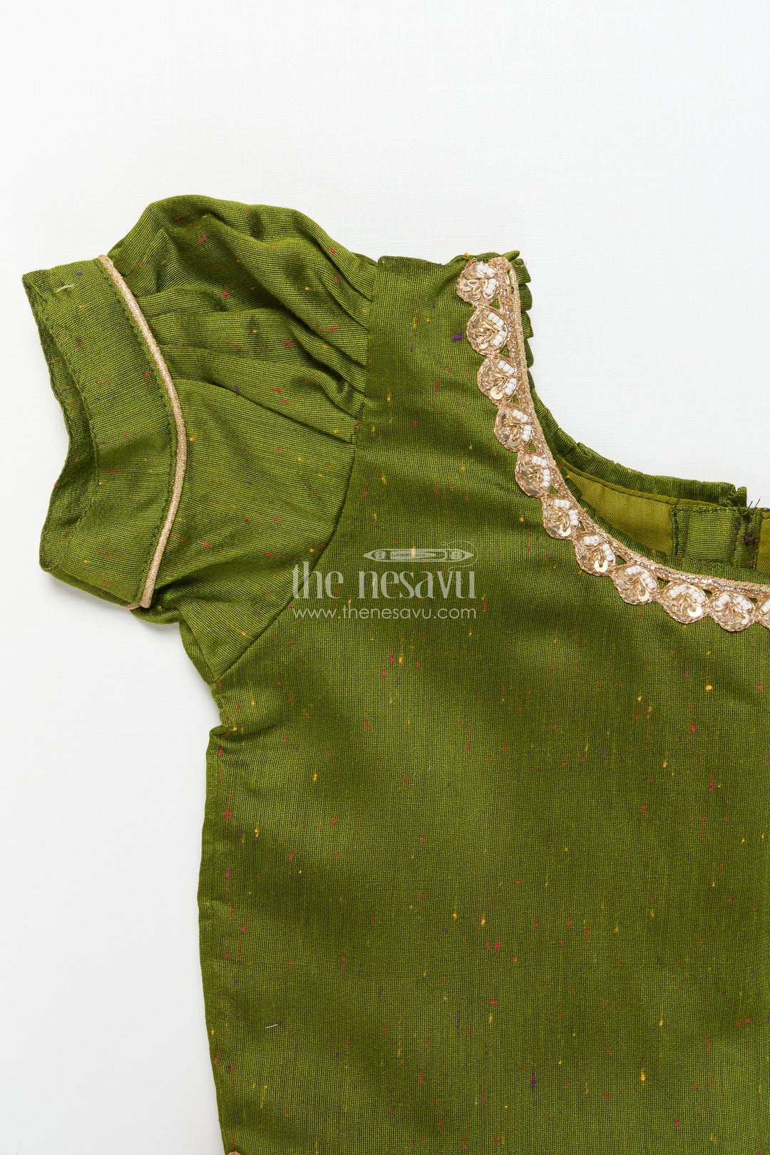 Baby Girl Green Pattu Pavadai with Lace Detailing and Floral Print Skirt