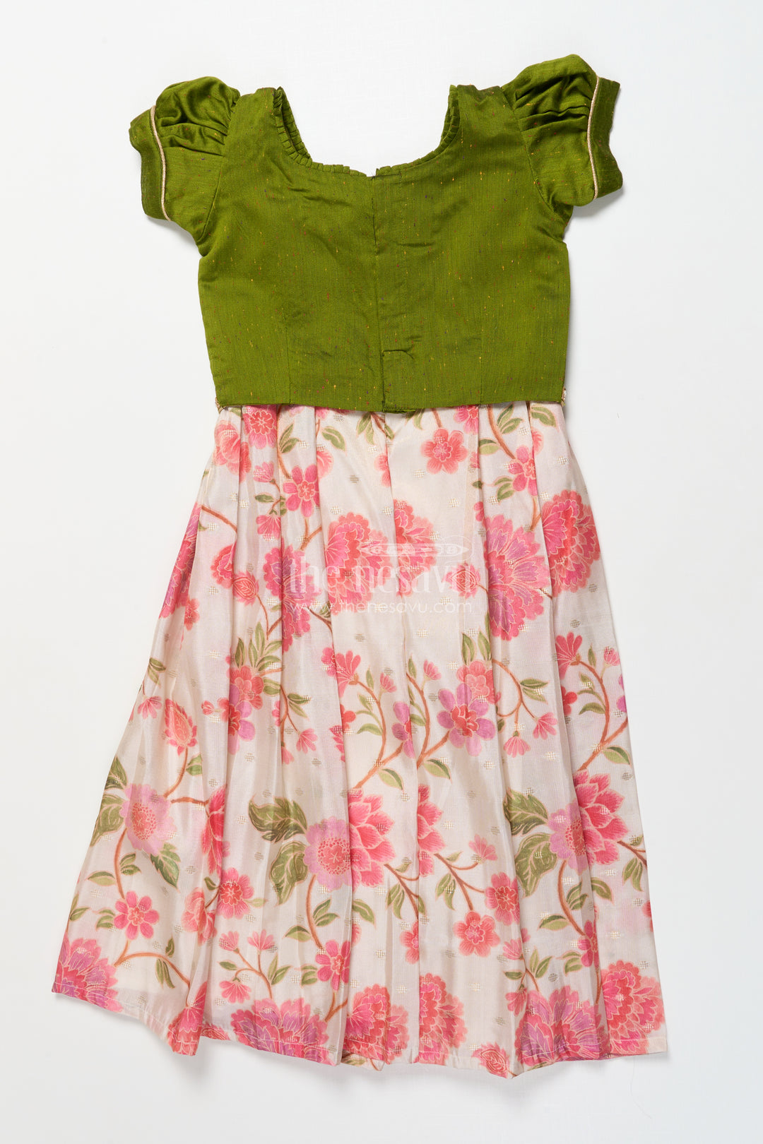 Baby Girl Green Pattu Pavadai with Lace Detailing and Floral Print Skirt