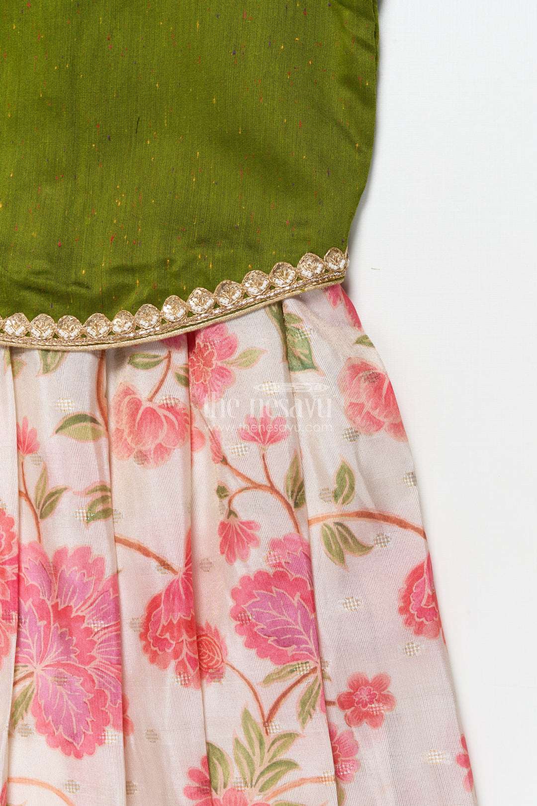 Baby Girl Green Pattu Pavadai with Lace Detailing and Floral Print Skirt