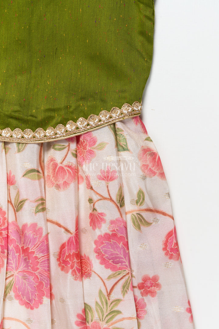 Baby Girl Green Pattu Pavadai with Lace Detailing and Floral Print Skirt