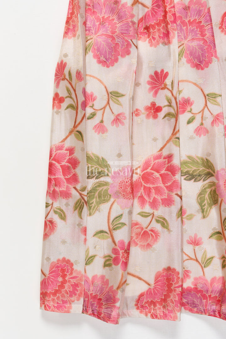 Baby Girl Green Pattu Pavadai with Lace Detailing and Floral Print Skirt