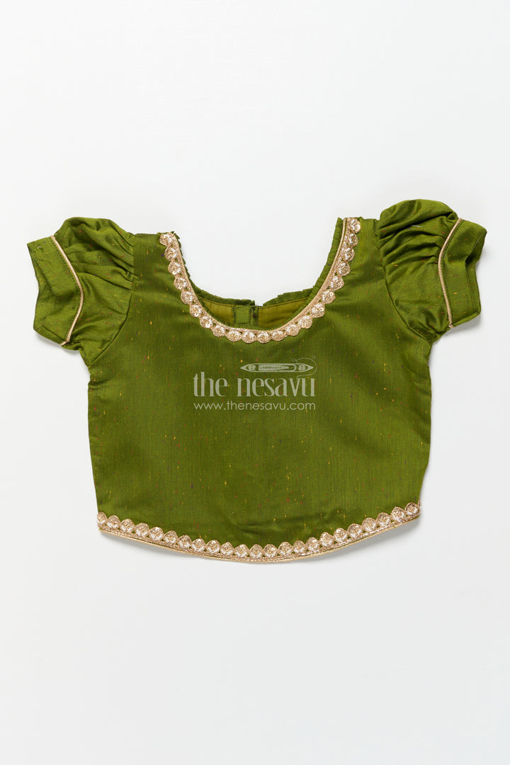 Baby Girl Green Pattu Pavadai with Lace Detailing and Floral Print Skirt