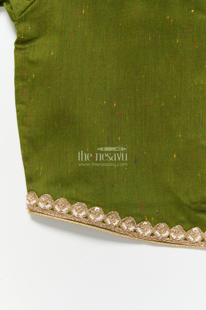 Baby Girl Green Pattu Pavadai with Lace Detailing and Floral Print Skirt