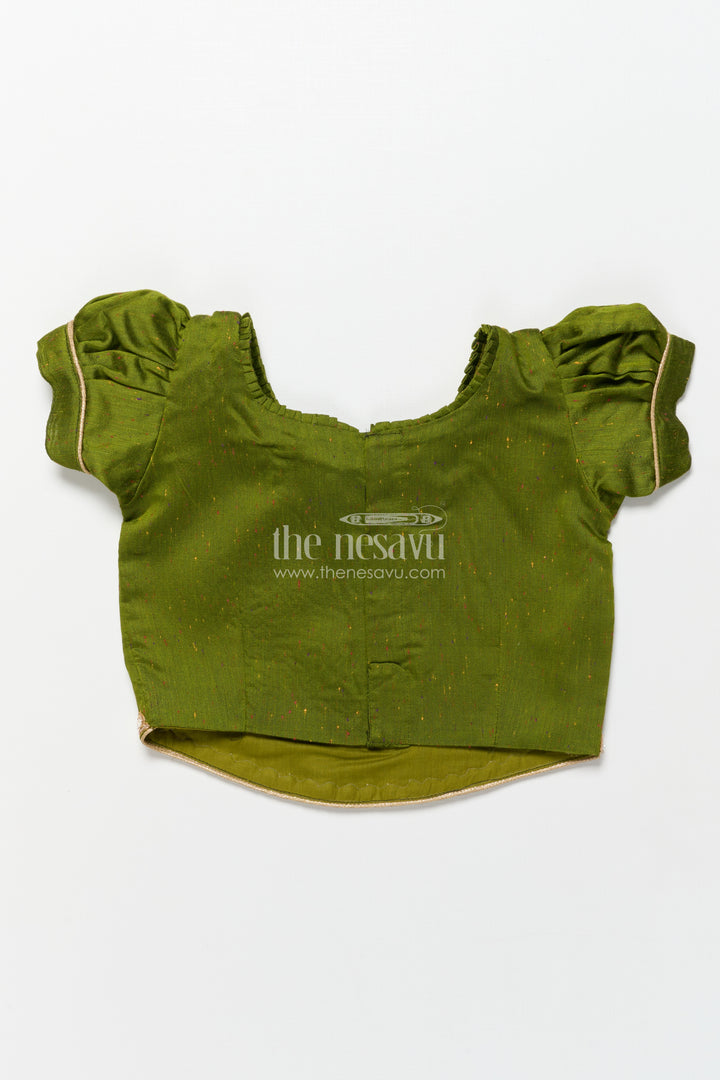 Baby Girl Green Pattu Pavadai with Lace Detailing and Floral Print Skirt