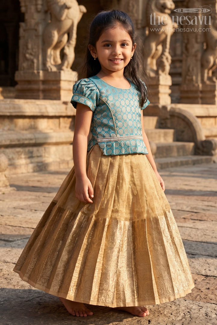 Toddler Girl Tissue Silk Pattu Pavadai with Brocade Blouse and Golden Skirt