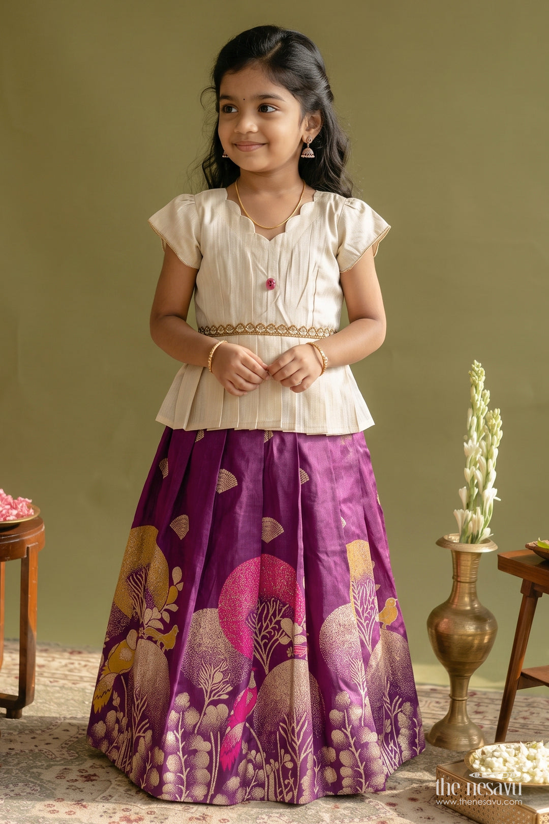 Silk Pavadai Sattai in Off White for Celebrations and Photos