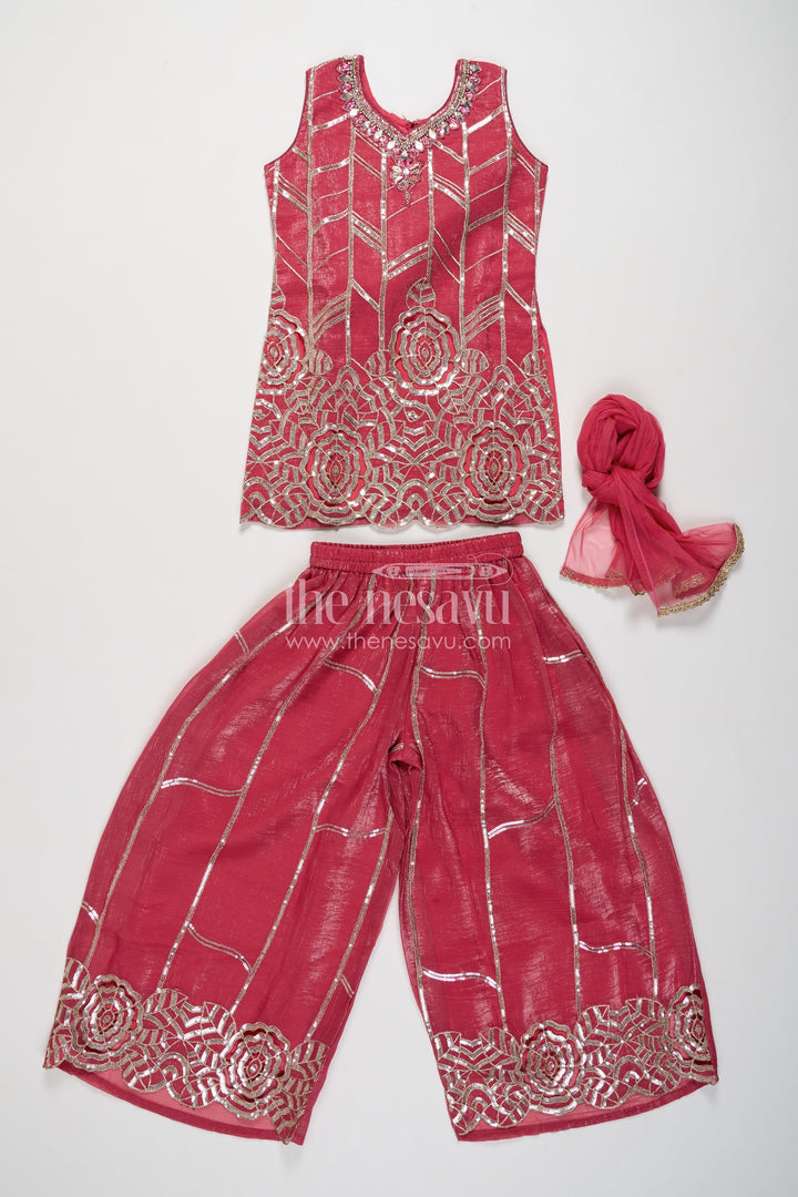Girls Wine Red Chinnon Chiffon Geometric Cutwork Palazzo Set