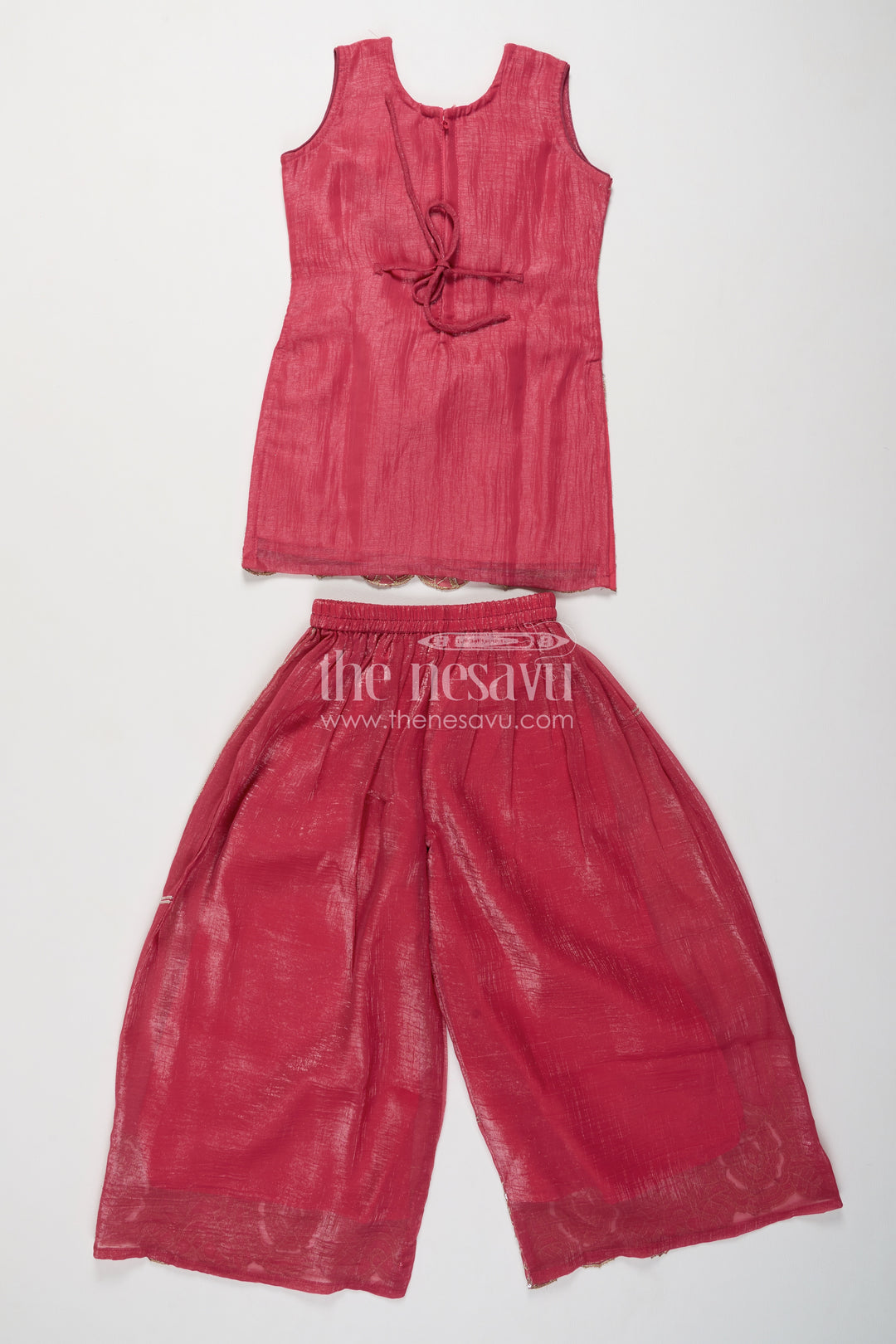 Girls Wine Red Chinnon Chiffon Geometric Cutwork Palazzo Set