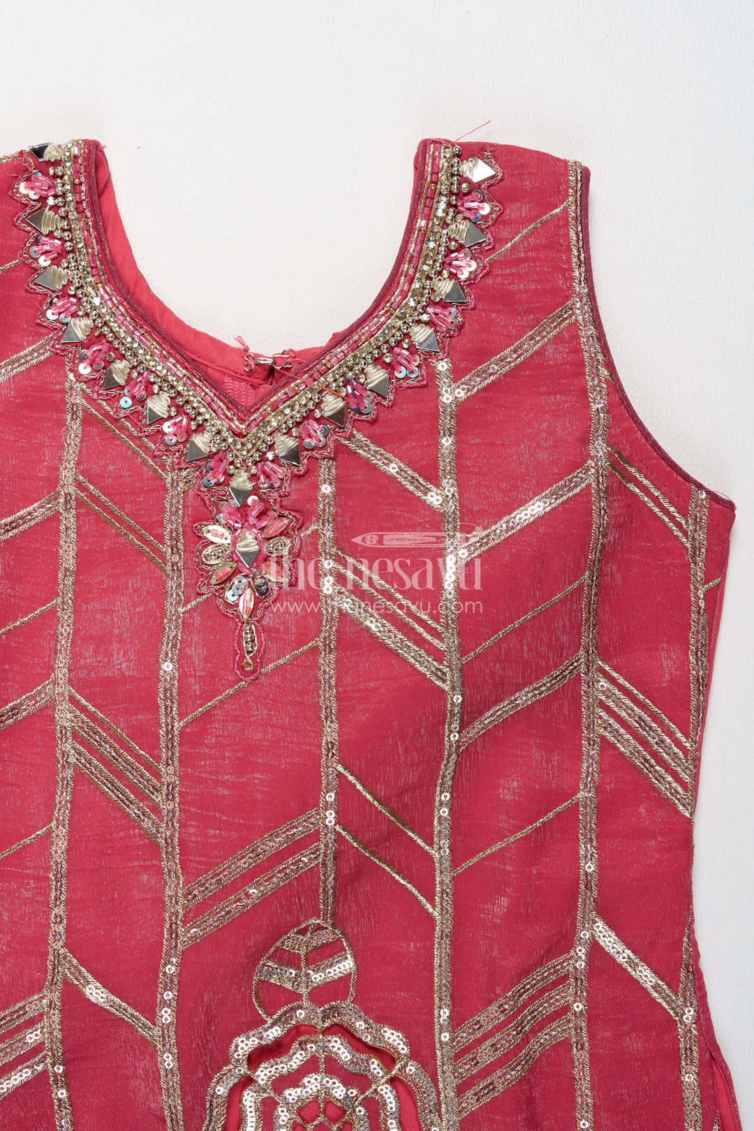 Girls Wine Red Chinnon Chiffon Geometric Cutwork Palazzo Set