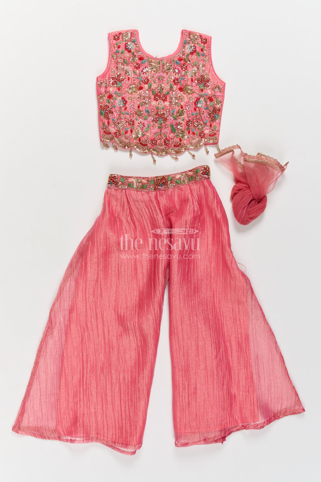 Girls Sharara Set in Pink with Thread Embroidery