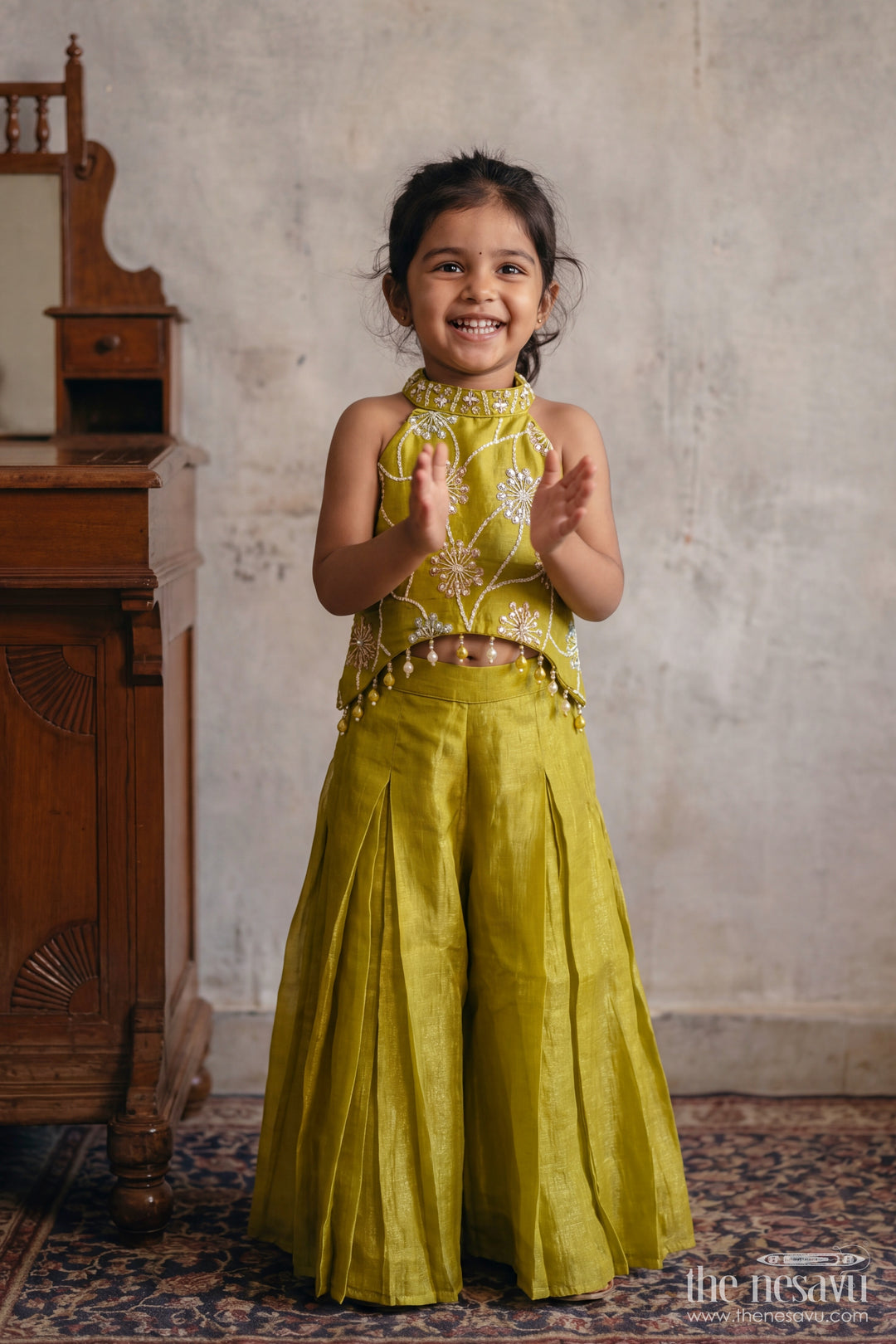 Girls Sharara Set in Yellow with Decorative Yoke