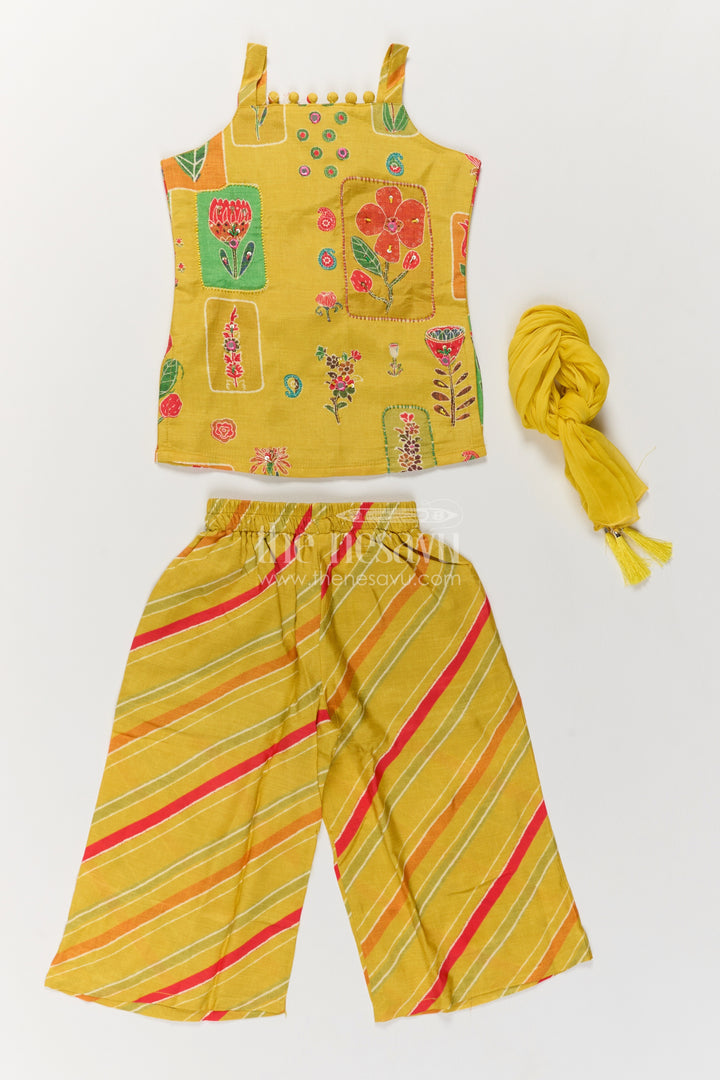Girls Olive Green Viscose Georgette Floral Top and Striped Palazzo Set