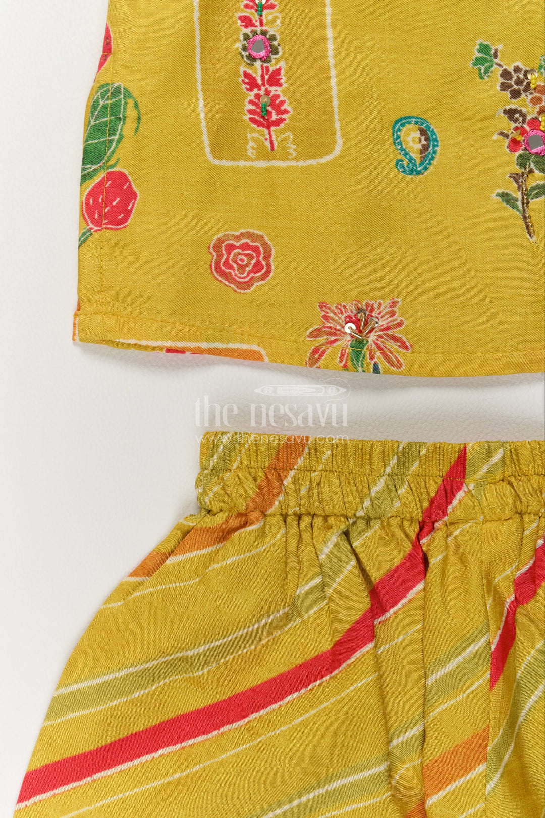 Girls Olive Green Viscose Georgette Floral Top and Striped Palazzo Set