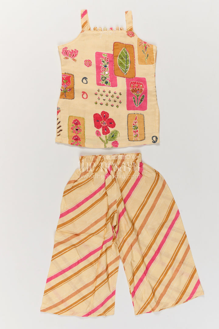 Girls Cream Viscose Georgette Palazzo Set with Floral Top and Stripes