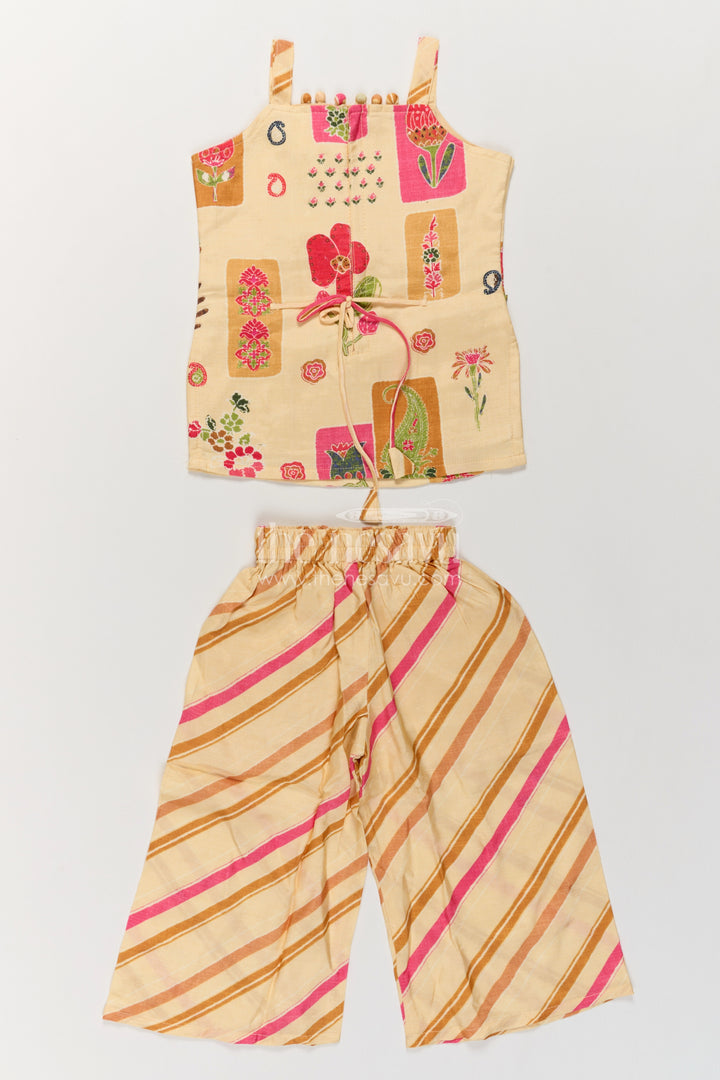 Girls Cream Viscose Georgette Palazzo Set with Floral Top and Stripes
