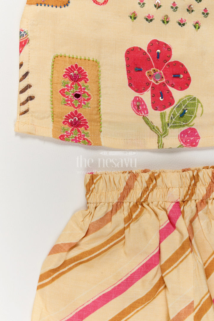 Girls Cream Viscose Georgette Palazzo Set with Floral Top and Stripes