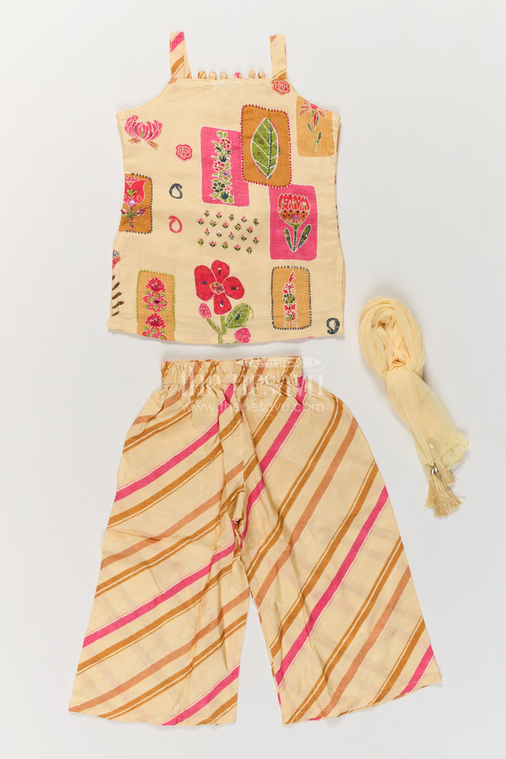 Girls Cream Viscose Georgette Palazzo Set with Floral Top and Stripes